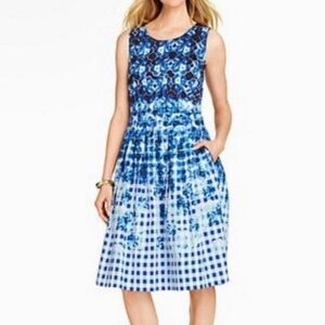 Talbots Dress Size 12 Petite Sleeveless Floral Gingham Fit & Flare Pleated NWT